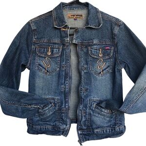 Vintage Yuka Jeans Size Large Denim Jacket.Pockets Zip Up 4 Pockets 19” Pit 22”L